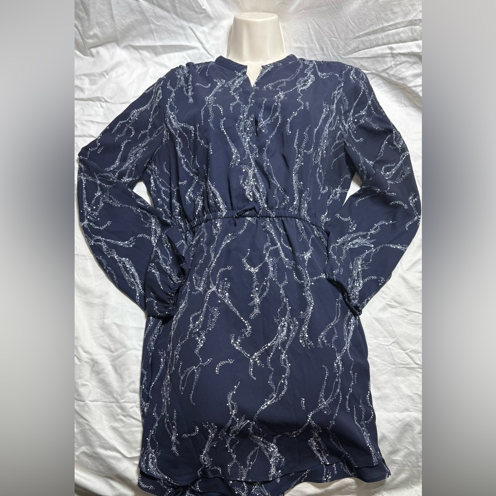 Maison Jules Navy Long Sleeve Dress with White Pattern